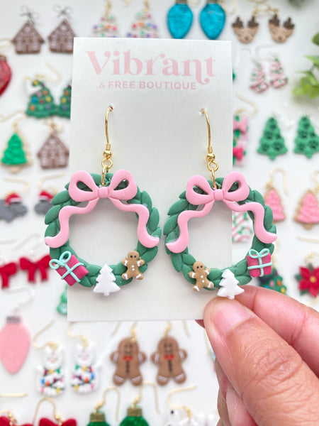 Merry Christmas Wreath Clay Earrings