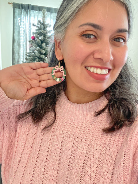 Merry Christmas Wreath Clay Earrings